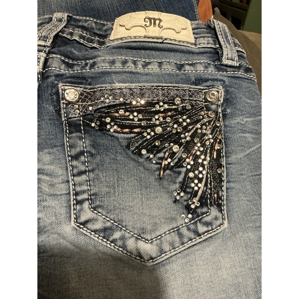 Miss Me Signature Boot Cut Jeans 27 Women Feather Embellished 28x30 J3217BR